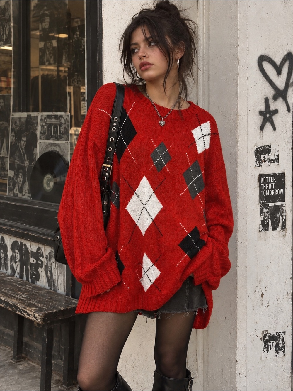 VTG Designers Originals Studio Red Black White Argyle Oversized Tunic Sweater XL